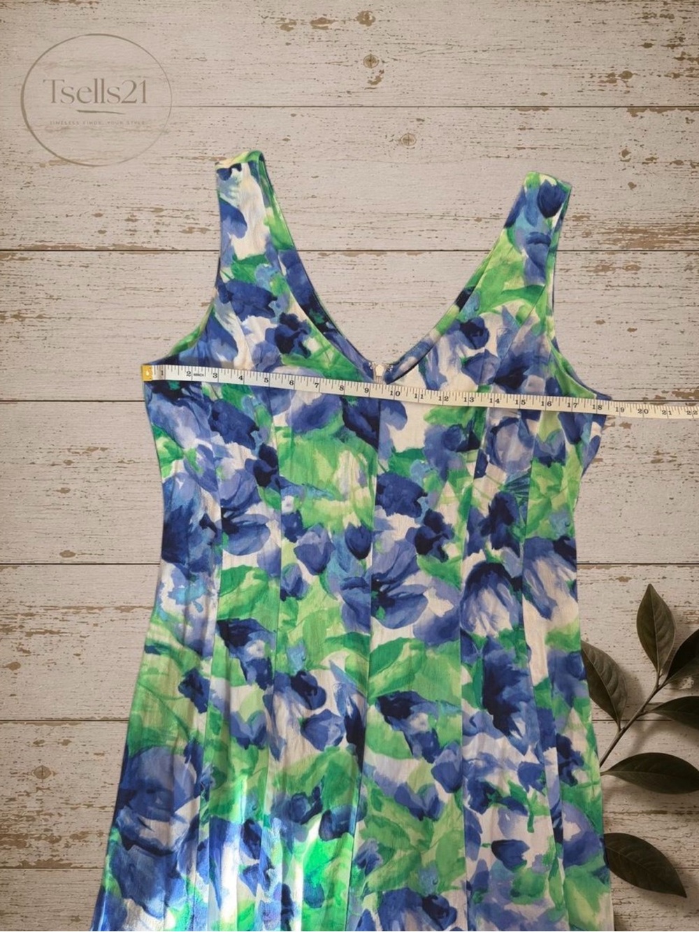 Chaps 98% Cotton Blue/Green Watercolor Floral Midi Dress - Picture 7 of 8